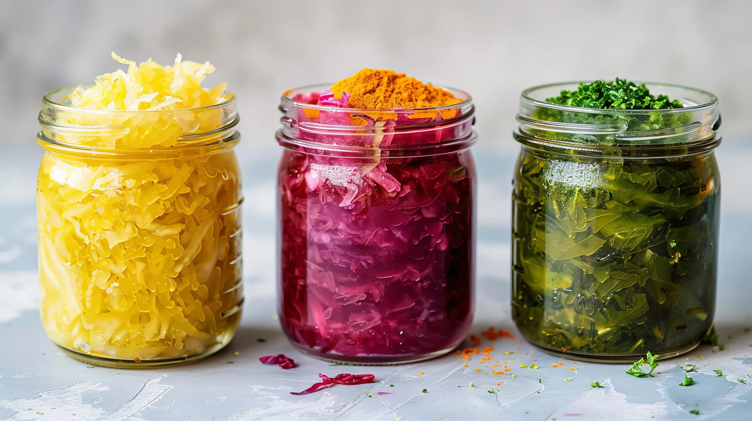 A collection of sauerkraut variety preserved in mason jars, including beetroot kraut, green kraut, and yellow kraut. This image illustrates the concept of fermentation, probiotics